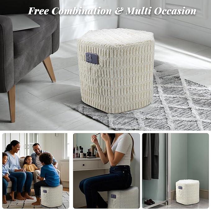 Hexagon Pouf Ottoman Stuffed with 2 Pockets & Handle, Comfort Corduroy Poufs, Non-Slip Foot Stool Storage Ottoman, Foam Floor Poufs Foot Rest for Couch, Bedroom (Beige)
