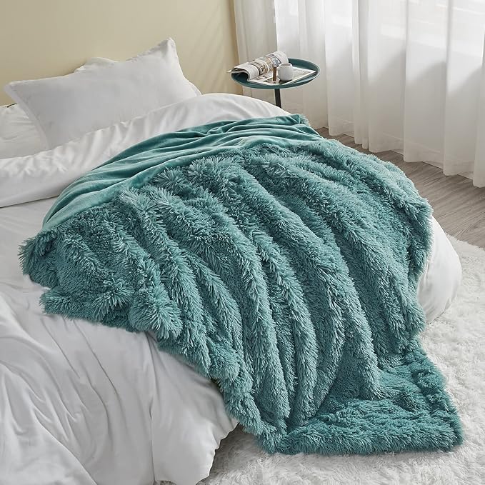 GONAAP Fuzzy Faux Fur Throw Blanket Twin Size Light Teal Super Soft Cozy Plush Fuzzy Shaggy Blanket for Couch Sofa Bed (Light Teal, Twin(60"x80"))