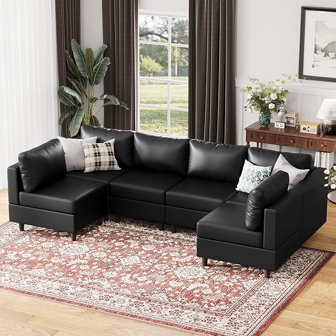 118.5" Faux Leather Modular Sectional Sofa with Storage Seat, Modern 6 Seater Couch Deep Seat with Removable Cover DIY Combination Black