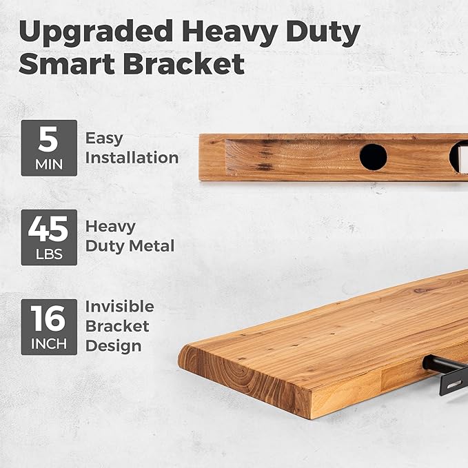 RICHFOCUS Live Edge Elm Floating Shelves - 24" W x 9.3" D Rustic Solid Wood Wall Shelves with Invisible Bracket, Wall-Mounted for Living Room, Bedroom, Kitchen Storage & Display, Set of 2, Natural