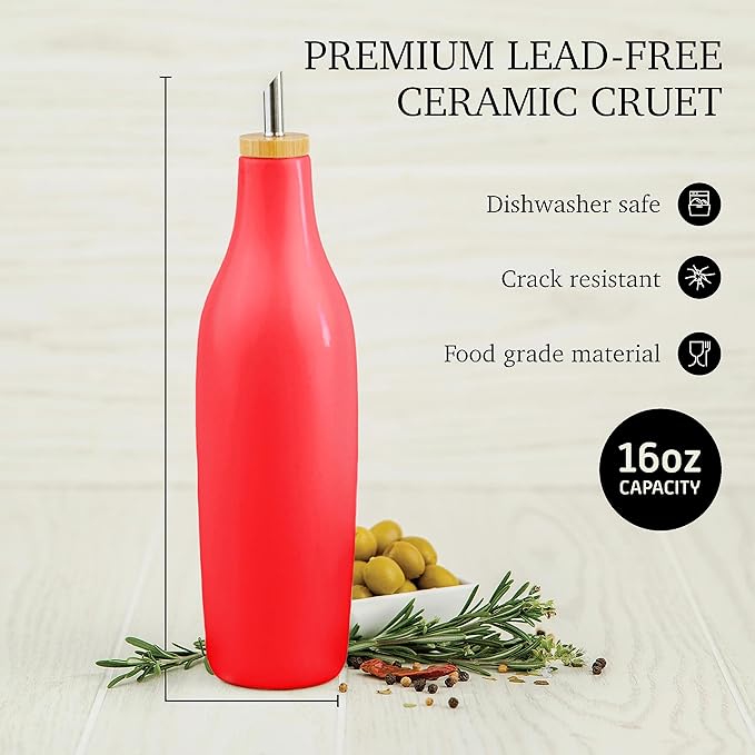 kitchentoolz Olive Oil Stoneware Dispenser Bottle, Ceramic 16 Oz Container for EVOO or Vinegar Kitchen Counter, Red