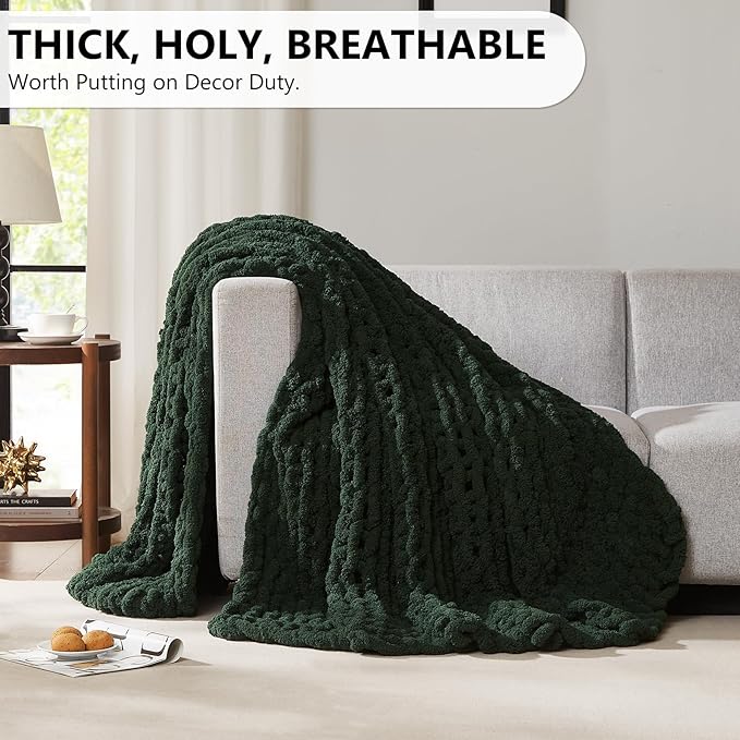 L'AGRATY Chunky Knit Blanket Throw - Soft Chunky Throw Blanket 50x60: 100% Hand Kintted Chenile Crochet Throw Blanket for Couch - Large Cable Knit Chunky Blanket for Home Decor(Olive Green)