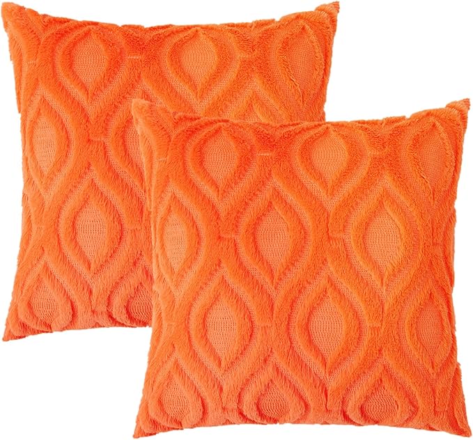 decorUhome Fall Throw Pillow Covers 24x24 Inch Set of 2, Soft Plush Decorative Faux Fur Orange Solid Couch Pillow Covers, Accent Farmhouse Neutral Square Euro Pillow Cases for Sofa Bed Living Room