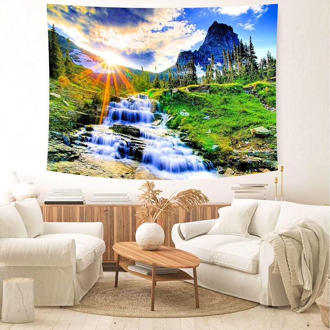 Delur Mountain Waterfall Tapestry Sunset Forest Tree Nature Landscape Tapestry Wall Hanging Tropical Sunrise Rainforest Psychedelic Scenic Headboard for Bedroom Living Room Home Decor (59.1" x 78.7")