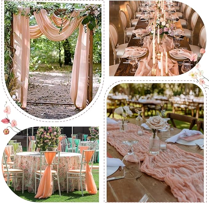 Sioloc 10 Pack Peach Coral Cheesecloth Table Runner Fall Autumn Decor for Home 10ft Table Cloth for Tea Wedding Birthday Party Baby Bridal Shower Halloween Thanksgiving