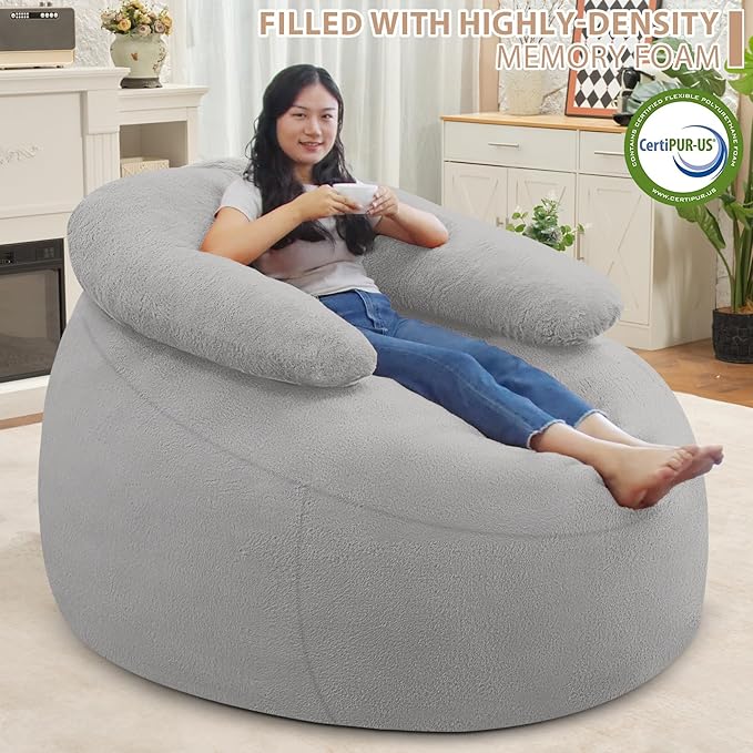 HABUTWAY Bean Bag Chair with U-shaped Pillow for Adult and Kids Big BeanBag Chair with Filling Ultra Soft Faux Fur Couch Chair with Washable Cover for Living Room Bedroom Office,Light Grey& Light Grey