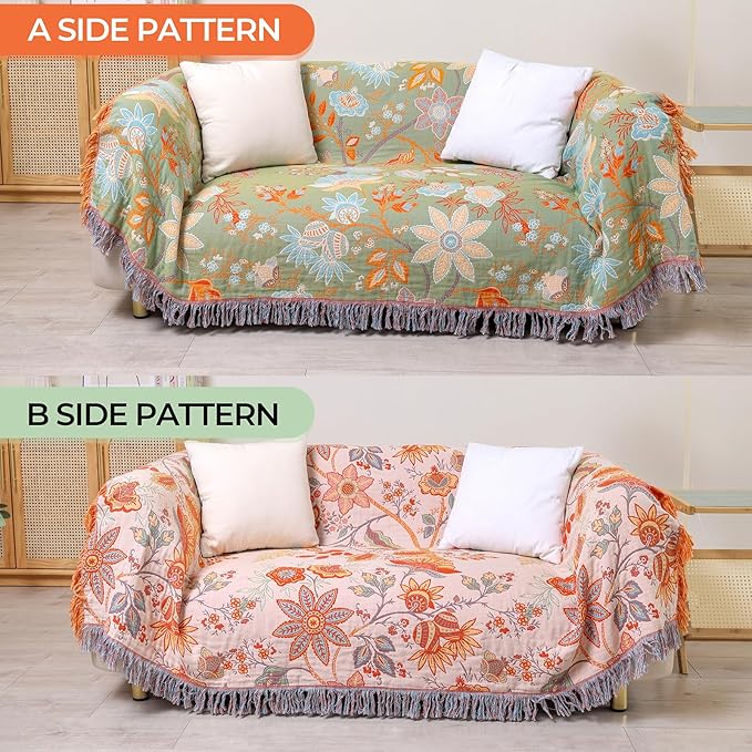 Boho Fall Throw Blanket for Bed,100% Ultra Cotton Soft Breathable Bed Throw Floral Printed Farmhouse Decor Rustic Bed Throws for Couch Sofa Quilt 60" x 80"-Orange& Sage Green