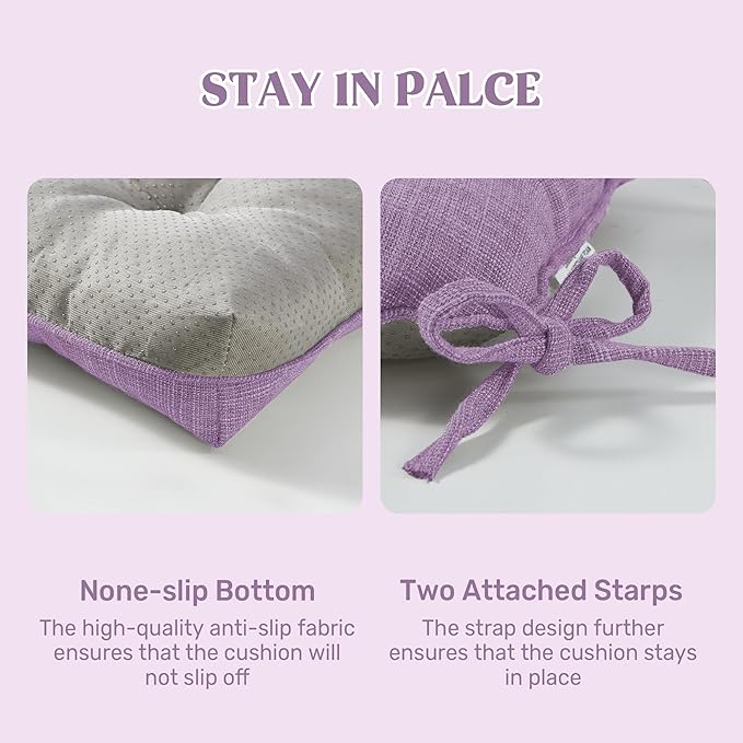 puredown® Chair Cushions for Dining Chairs, Tufted Memory Foam Chair Pads with Non-Slip Backing, Kitchen Seat Cushions with Ties, Washable Seat Pads Set of 4, 15.5" x 15.5" x 4", Purple