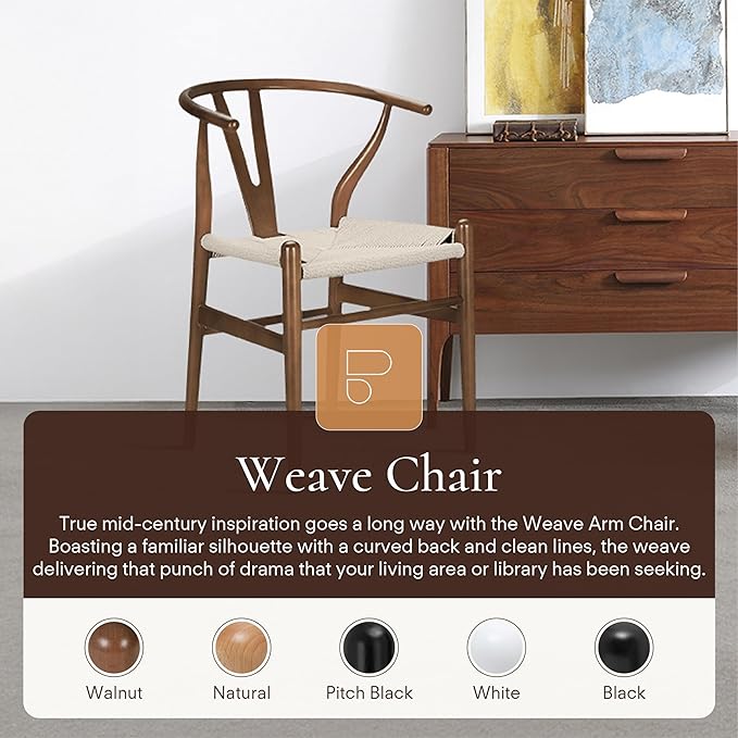 POLY & BARK Weave Dining Chair – Mid-Century Modern Wishbone Dining Chair with Arms, Solid Wood Frame, Indoor Use – Walnut – Single - Ideal for Dining Room, Kitchen or Stylish Accent Setting
