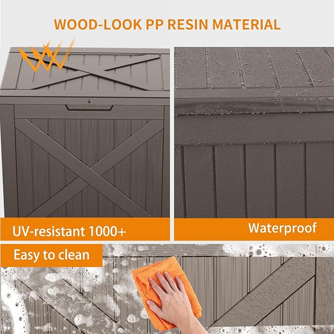 Vixzen 32 Gallon Resin Deck Box - Lockable Outdoor Storage for Patio Cushions, Garden Tools, Pool Supplies,Grey