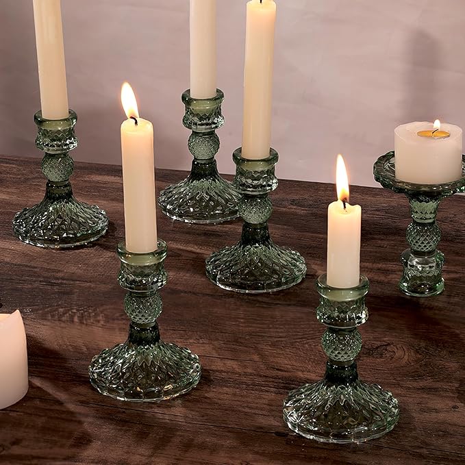 12Pcs Green Candlestick Holders Set- 4" H Taper Candle Holders Bulk, Glass Candle Holders for Wedding, Party, Romantic Dinner Table Centerpieces, Festival Gifts & Windowsill Decor