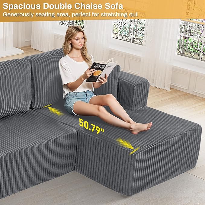 HYJT-H&K Modular Sectional Sofa Cloud Secttional Couch, 132" Comfy U Shaped Couches for Living Room, Deep Seat Memory Foam Fluffy Plush Corduroy Boneless Couch Sectionals with Chaise, Grey