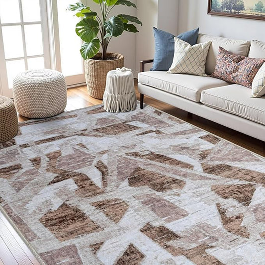 Modern Abstract 6X9 Area Rug for Living Room Bedroom Washable, with Non-Slip Rubber Backing Print Faux Wool Thin, Brown Throw Large Carpet for Kids Playroom Dining Room Pet & Child Friendly