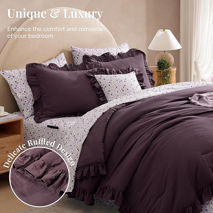 King Comforter Set - 7 Pieces Ruffle Purple Bedding Sets, Shabby Chic Farmhouse Bed in a Bag King with Ruffle Comforter, Floral Sheets, Pillowcases & Shams