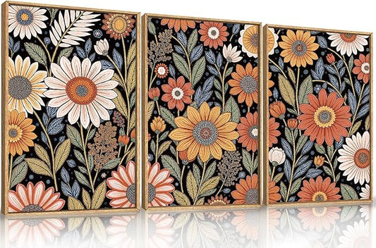 LHIUEM Large Abstract Boho Flower Framed Canvas Wall Art Set,Vintage Colorful Floral Wall Decor,Retro Wildfower Plant Painting,Botanical Artwork for Living Room,Bedroom,Dining Room,Office -16"x24"x3