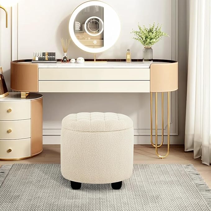 Furniliving Modern Round Storage Ottoman,Button Tufted Ottoman Foot Stools Ottoman Footstool with Removable Lid Storage Ottomans for Living Room, Bedroom, Makeup Room,Sherpa, IvoryWhite