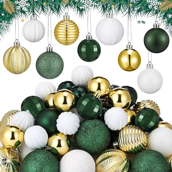 64 Pcs Christmas Ball Ornaments Bulk Green Gold White Christmas Tree Decorations Sets 1.6/1.97/2.4 Inch Shatterproof Glitter Xmas Baubles Assorted Xmas Bulbs Ornaments for Tree Home Decor