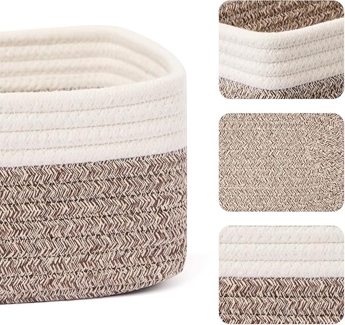 Small Storage Baskets for Organizing | Closet Organizer Bins | Shelf Toy Basket | Woven Rope Baskets | Cube Decorative Box | Shallow Basket | 11.5x7.5x4.7” | 3 Packs White Brown