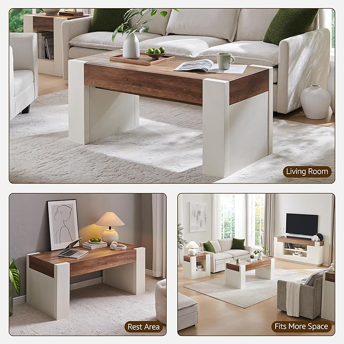 OKD 48" Modern Farmhouse Coffee Table, Wooden Living Room Table with Hidden Storage Drawer, Rustic Rectangular Center Tables with Wood Thick Design for Living Room, Office, Antique White