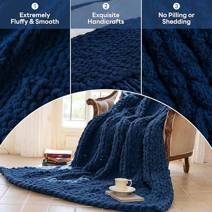Chunky Knit Blanket - Luxury Soft Cozy 40 * 50 Throw Blanket,100% Woven Blanket Rope Knot Throw Blanket for Couch, Sofa, Home Decor, Gift - Machine Washable(Deep Blue)
