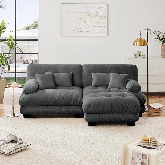 Loveseat Modular Sectional Sofa, L Shaped Couch with Ottoman, Cloud Couch Sectional Couch Home Sofa Living Room Oversized Couch Deep Seat Couch with Round Bolster Armrests 4 Pillows(Gray)