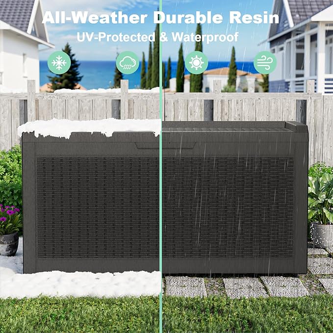 Vixzen 60 Gallon Outdoor Deck Box,Lockable Resin Waterproof Storage Box,UV Resistant,Weather Resistance,Outside Storage Bin for Gardening Tools,Pool Supplies,Black