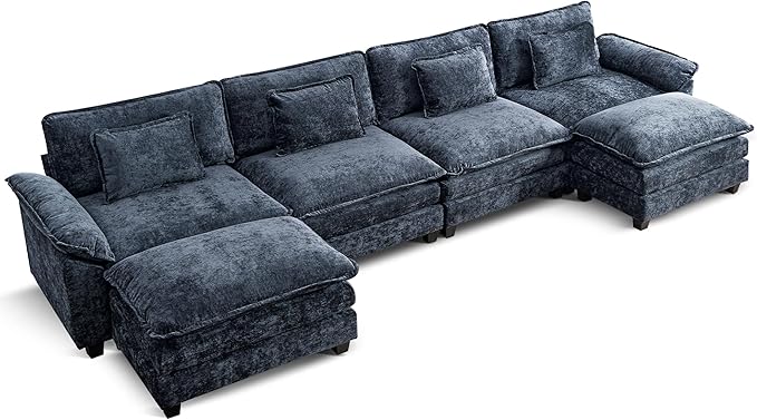 URRED Modular Sectional Sofa Comfy Cloud Couch, Modern Chenille Sofa Sleeper Deep Seat Couches with Ottoman/Pillows for Living Room (Blue, 154'' - U Shape)