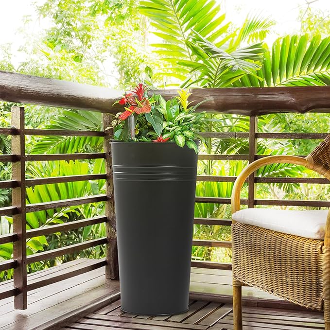 KOL 22''H 2-Pack Planter with Water Level Indicator - Galvanized Steel Pot - Self Watering Planters Flower Pot for Plant - Inner Pot Design - Round Metal Planter Box - Indoor Outdoor Planting - Black
