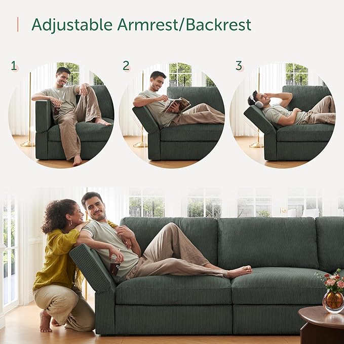 HONBAY Modular Sectional Sofa with Storage Corduroy U Shaped Sofa Modular Sectional Couches for Living Room,Green