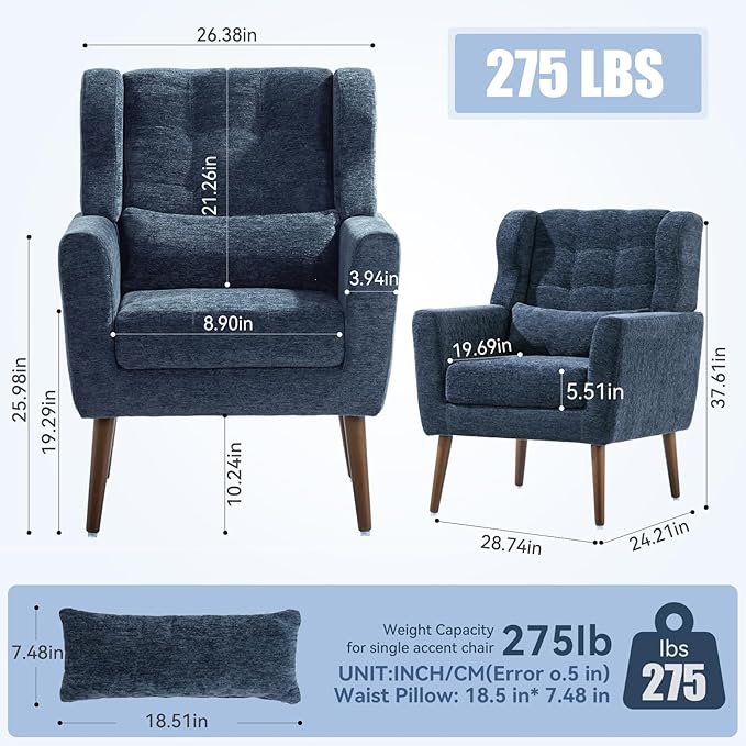 Modern Accent Chair, Upholstered Armchair with Pillow, Fabric Single Sofa Chair with Lounge Seat and Wood Legs Accent Chair for Living Room Bedroom Small Spaces (Dark Blue)