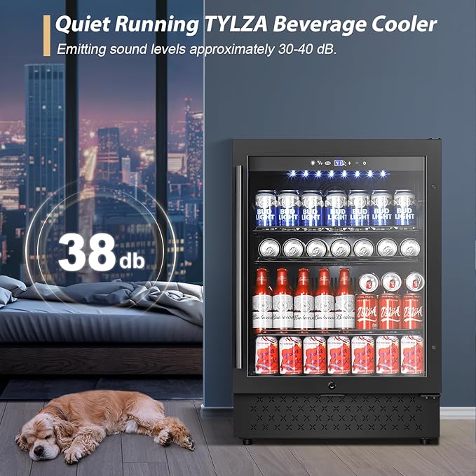 Tylza Beverage Refrigerator 24 Inch, Under Counter/Freestanding Drink Fridge, 190 Cans Beverage Cooler with Glass Door, Reversible Door, Low Noise, Quick Cooling - for Beer, Soda, ETC, Black
