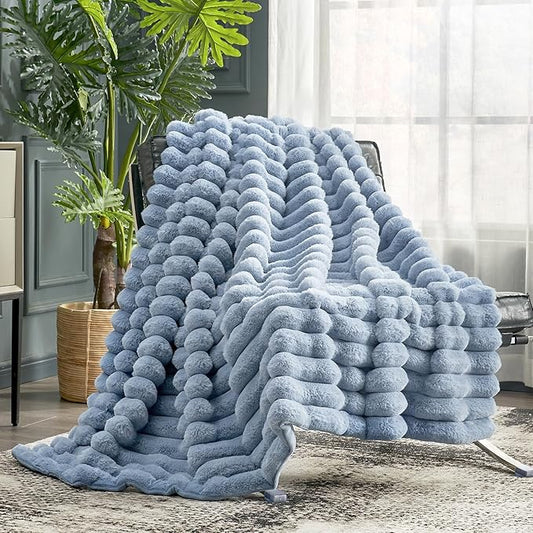 Cozy Bliss Faux Fur Throw Blanket for Couch, Cozy Warm Plush Striped Blanket for Sofa Bedroom Living Room,50 * 60 Inches Light Blue