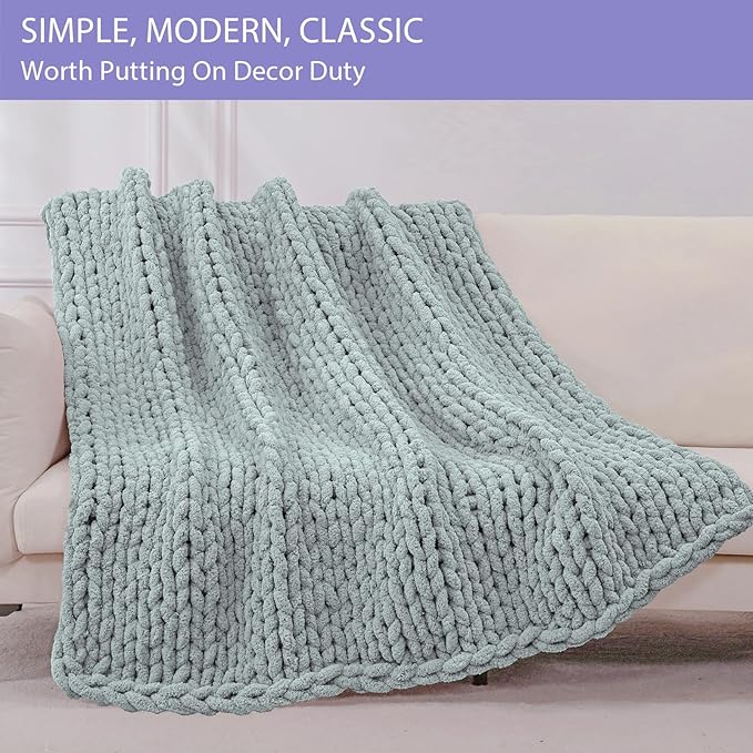 Bigacogo Chunky Knit Throw Blanket for Couch, 51x63 inches, 100% Hand Knitted with Thick Jumbo Chenille Yarn, Cozy Soft Large Rope Knot Cable Crochet Blankets for Sofa Bed Living Room, Misty Green