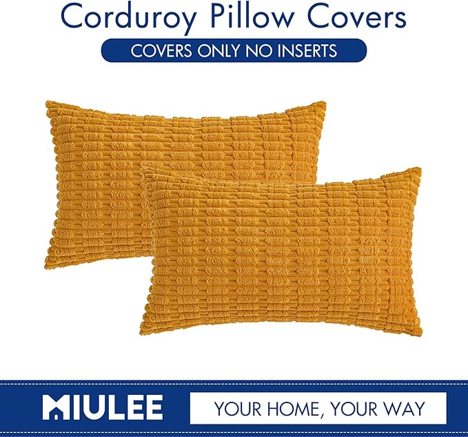 MIULEE Pack of 2 Corduroy Decorative Lumbar Throw Pillow Covers 20x12 Inch Soft Boho Striped Pillow Covers Modern Farmhouse Home Decor for Summer Sofa Living Room Couch Bed Gold Yellow