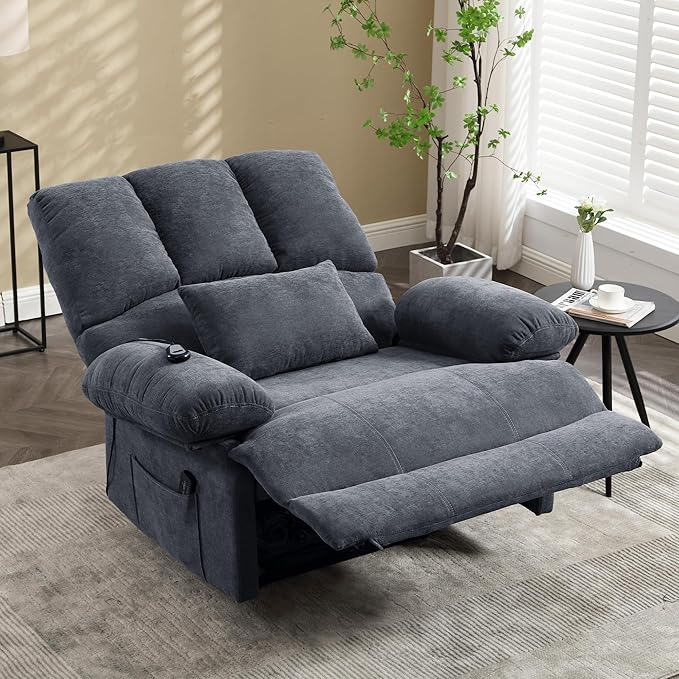 Oversized Power Recliner Chair 350lb with Hidable Cup Holders, Extra Wide Large Big Electric Recliner Chair with Lumbar Support Pillow Nursery Chair Living Room (Power, GREY-ET6008)