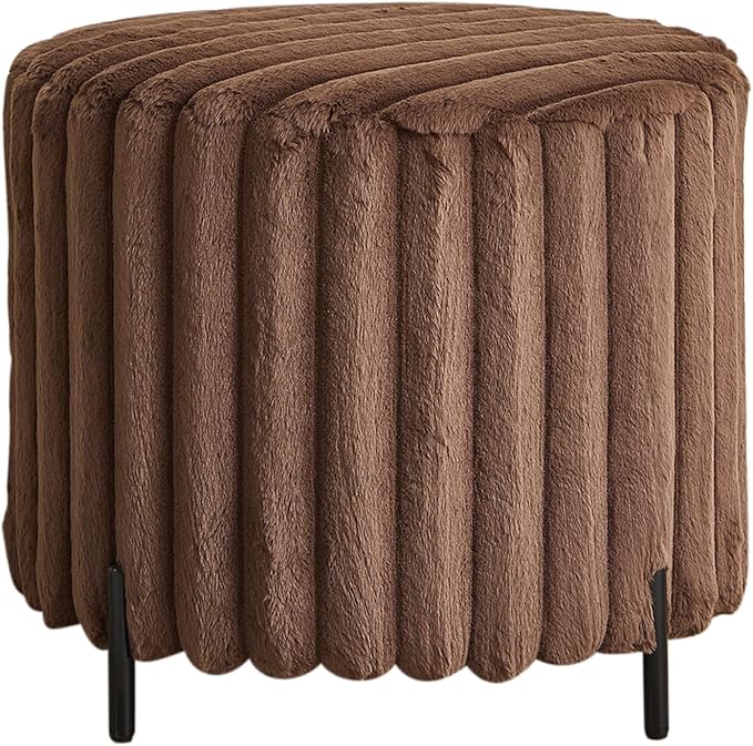 Furniliving Modern Round Ottoman, Large Size Bedroom Ottoman Footstool Round Ottomans Stool for Living Room, Bedroom, Makeup Room, Brown, Faux Fur