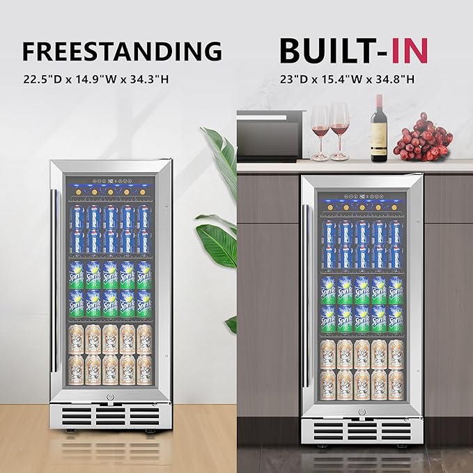 15'' Beverage Refrigerator Cooler - 126 Cans Under Counter Beverage Fridge with LED Light, Built-in Design, Wine Cooler for Home/Kitchen