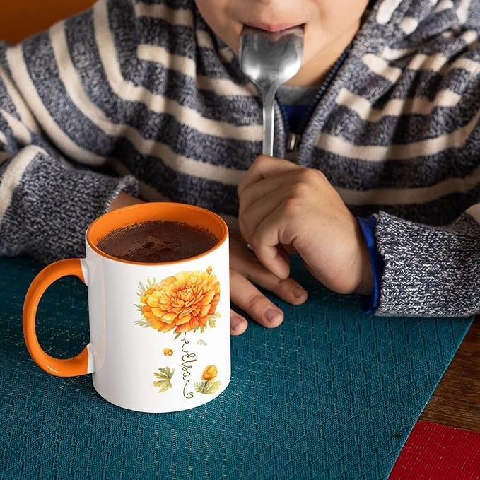 Unique Marigold Themed Ceramic Mug, Personalized Name Flower Accent Cup, Lovely Floral Coffee Mug 11oz 15oz, Custom Ceramic Mug For Flower Lover, Customized Marigold Decorative Cup