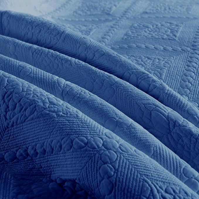 MarCielo 3-Piece 100% Cotton Oversized Bedspread Lightweight Quilt Coverlet Embroidery Farmhouse Bedding Set (Tk Midtone Blue, Oversized Queen (100"x106"))