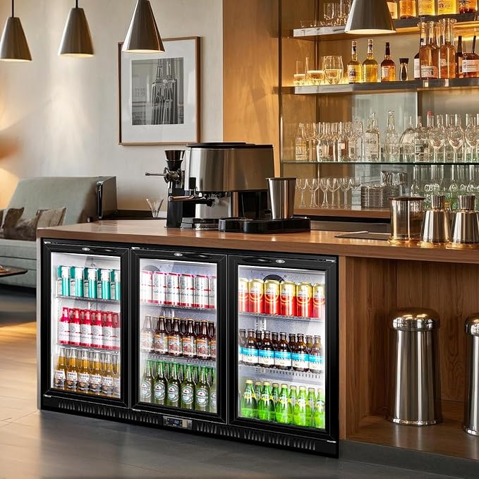 Tylza Back Bar Cooler With 3 Glass Doors, 312L Under Counter Back Bar Refrigerator with LED Lighting, Safety Locks, Counter Height Bar Beverage Cooler for Beer, Soda Drinks, Wine, Black