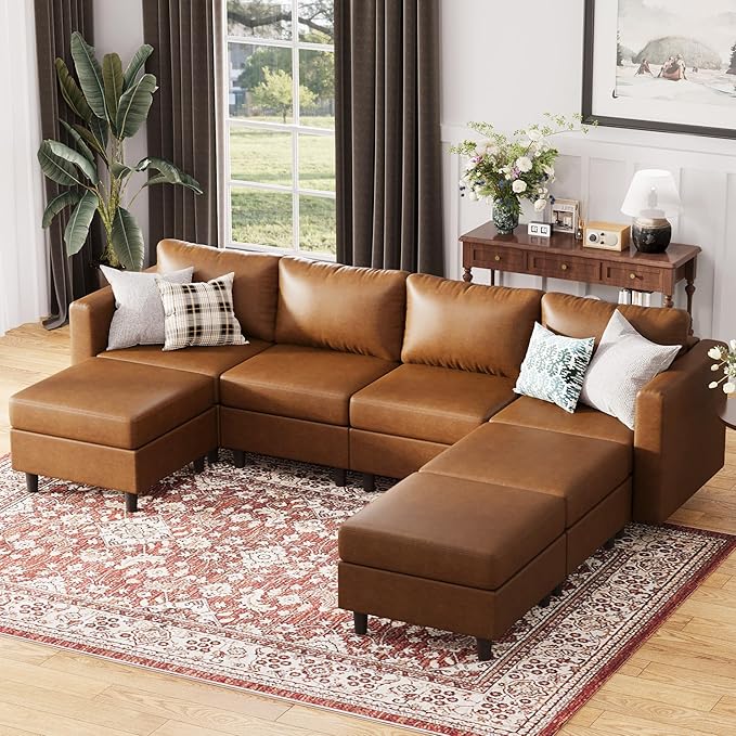 118.5" Faux Leather Modular Sectional Sofa, 7 Seater U Shaped Couch with Storage Seat with Reversible Chaise Deep Seat for Living Room Brown