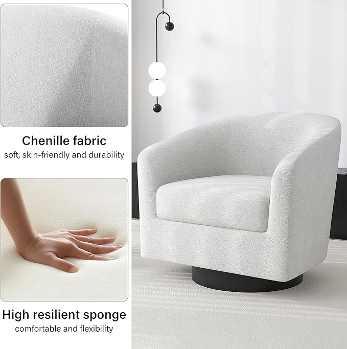 Swivel Barrel Accent Chair, Modern Round Chenille Fabric Arm Chair for Living Room, Bedroom, Comfy Club Reading Chairs for Adults(Chenille Fabric, Beige, Set of 2