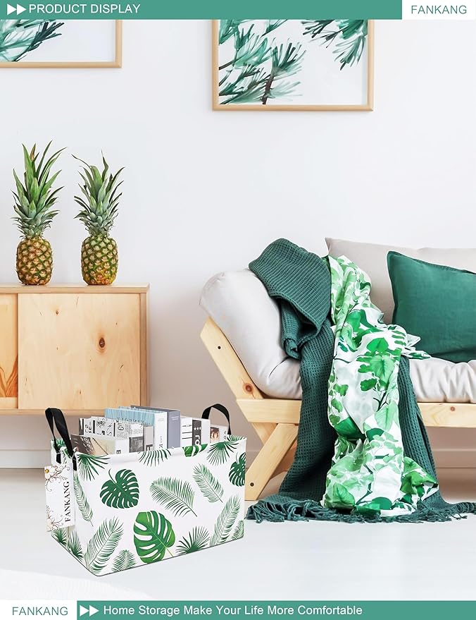 FANKANG Storage Bins, Nursery Hamper Canvas Laundry Basket Foldable with Waterproof PE Coating Large Storage Baskets for Kids Boys and Girls, Office, Bedroom, Clothes,Toys(Rec-Leaf )