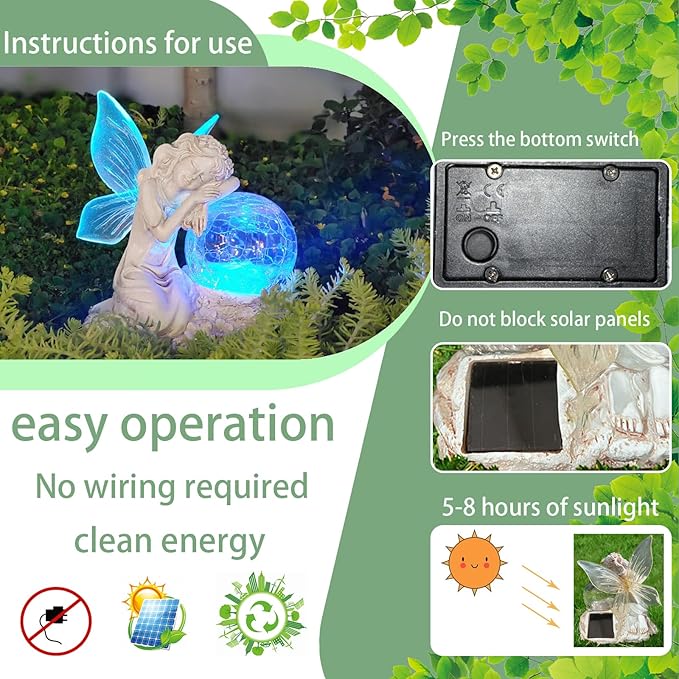 Fairy Garden Statue ,Solar Garden Decor ,Fairy Statue Outdoor with Glass Ball ,Waterproof Outdoor Decor,Suitable for Yard, Lawn ,Ideal for Holiday Giving (Left)