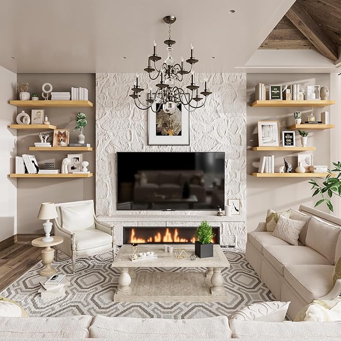 Heimlove 12" Deep Floating Shelves for Wall, 24 Inch Wall Shelf Bathroom Shelves Set of 2, Wall Mounted Shelves for Books Living Room Laundry Room Bedroom Kitchen Home Office, Oak