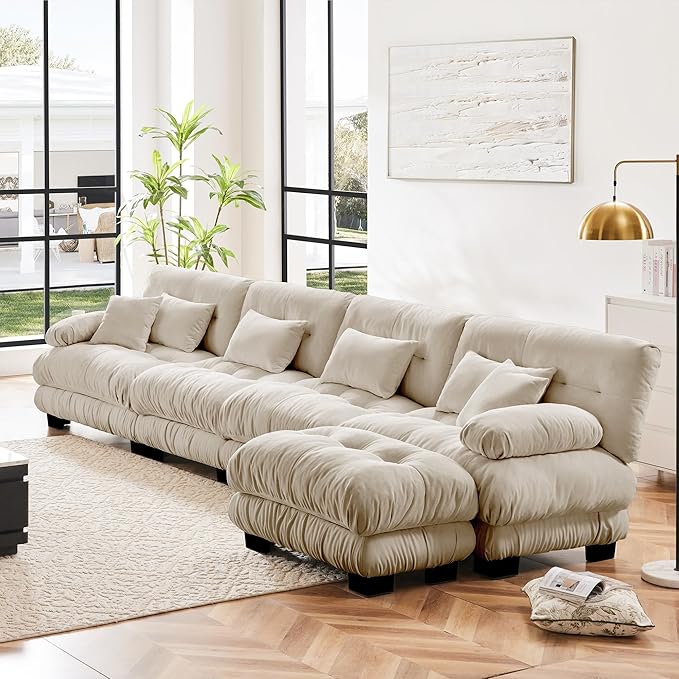 L Shaped Couch Sectional Couch, 4-Seater Cloud Couch Sectional Oversized Couch, Sofa Bed Couch with Round Bolster Armrests 6 Pillows, Modular Couch Home Sofa Living Room Couch