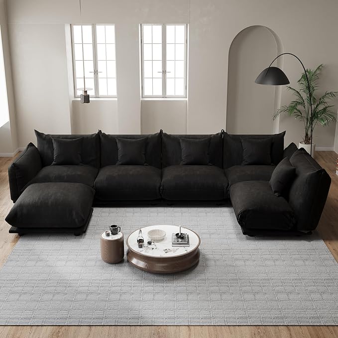 Modern Minimalist Chenille Modular Sectional Sofa, Oversized Deep-Seat U-Shaped Couch with Movable Ottoman, Thick Cushions, Upholstered Sofa for Living Room, Bedroom, Office, Apartment Black 1 Ottoman