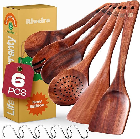 Riveira's 6-Piece Dark Brown Wooden Spoons for Cooking - Elegant Kitchen Essentials/Kitchen Utensils Set for Every Culinary Need Spatula