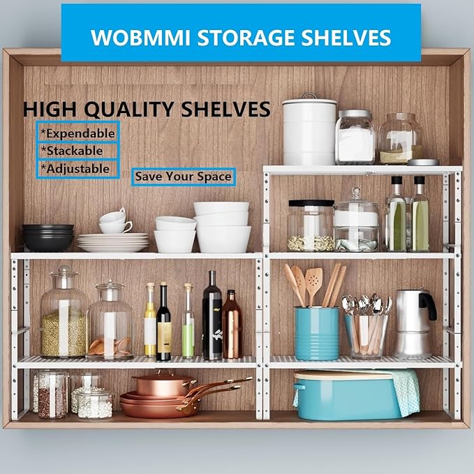 Expandable,Adjustable & Stackable Spice Rack, Cabinet Kitchen Countertop Shelf Organizer,Metal Pantry Storage Shelves - Space-Saving Storage Solution(2Packs/White/Large)