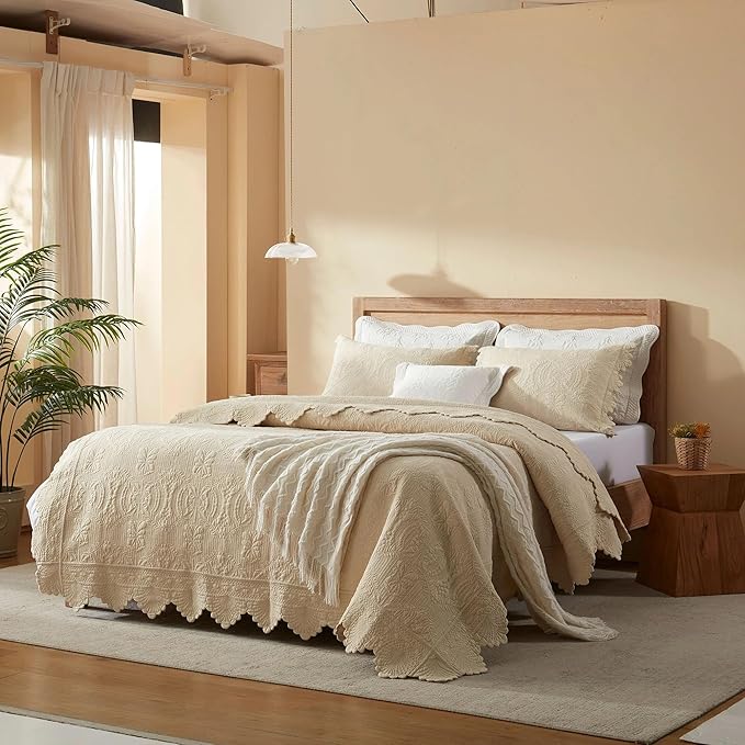 MarCielo 3-Piece 100% Cotton Oversized Bedspread Lightweight Quilt Coverlet Embroidery Farmhouse Bedding Set(TL Beige,Oversized Queen (100"x106"))